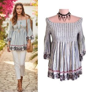 Sand & Sky White Blue Printed Off Shoulder Bell Sleeves Smock Top XL